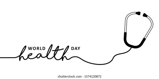 Slogan happy world health day concept. Human heartbeat and doctor stethoscope icons. Medical healthcare on April 7, healthy lifestyle signs. Funny Vector medicine quotes for banner or card ideas.