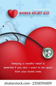 Slogan of Heart day on crop of red heart with stethoscope and wording of World Heart Day on blue background. Poster campaign of World Heart day in vector design.