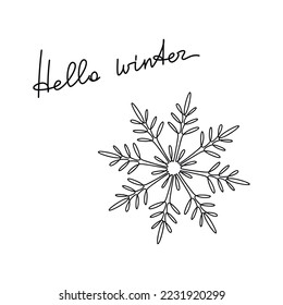 Slogan Hello Winter with linear snowflake icon. Vector handwritten lettering. Winter holiday illustration. Modern line calligraphy, text design for print, banner, poster, greeting card, logo.