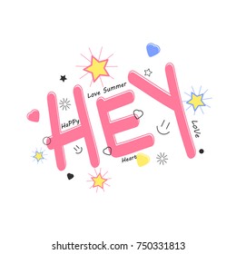 Slogan "Hey" with flat icons isolated on white background. Kids graphics for t-shirts, apparel template and text message