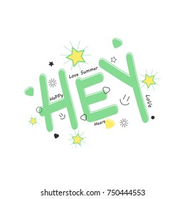 Slogan "Hey" with flat icons isolated on white background. Kids graphics for t-shirts, apparel template and text message