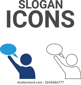 Slogan icons, Line art icons containing marketing, product, brand value, design, logo, brand development, social media, advertising, and loyal customers icons. Solid icon collection.
