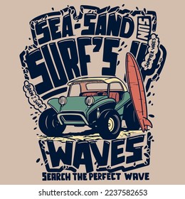 slogan illustration with surf cart and surfboard