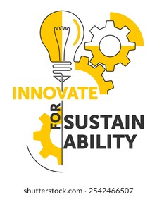 Slogan - Inovar para a Sustentabilidade. Engrenagens de decoração geométrica criativa e lâmpada em linha fina, estilo geométrico