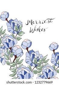 Slogan, invitation, greeting with hand-drawn peonies. Text with best wishes-drawn by hand. Gentle. 