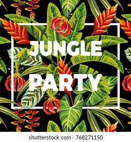 Slogan jungle party vector  flowers and leaves