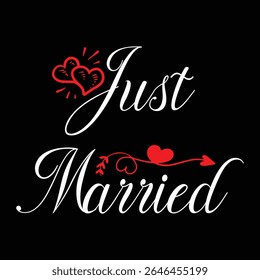 Slogan acabou de se casar, para sempre. Ideias de conceito de lua de mel. Convite de casamento vetorial cita para motivação e inspiração conceito de mensagem. Feliz dia romântico ou romântico. Amor em forma de coração
