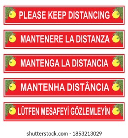 Slogan keep your distance in Italian, Spanish, Portuguese and Turkis. Social Distancing sticker with Christmas tree and balls. Christmas sticker for stores and supermarkets.