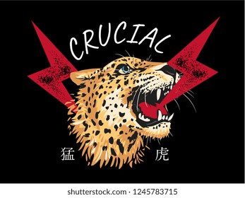 slogan with leopard head and thunder illustration, Japanese word translation: fierce tiger