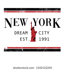 Slogan Lettering ' New York ' Vector Illustration. Apparel Print. t shirt print. Date and Statue of Liberty and Typography slogan, vector for t shirt printing and embroidery, Graphic tee and printed t