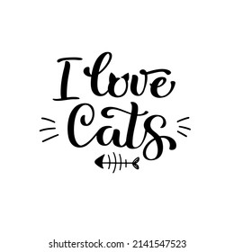 Slogan love cats. Cartoon line pattern. Funny vector cats quote signs. Animals day Funny lovely slogans. Cat Products.