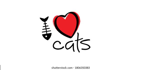 Slogan i love cats with ihsf bone as the letter i and  heart symbol. Cartoon line pattern. Funny vector cats quote signs. Lovers silhouette. Animals day Funny lovely slogans.