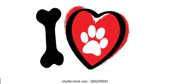 Slogan i love with dog bone as the letter i and  heart symbol. Cartoon line pattern. vector dogs quote signs. Lovers silhouette slogans. Animals day. Funny lovely quotes. 