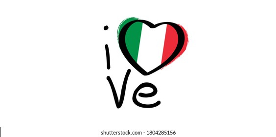 Slogan i love Italy with the Colors of italy flag. Italian slogans. Love, heart romance icons. Funny vector best quotes signs for banner or card. Happy motivation and inspiration message concept.