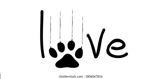 Slogan love with the letter as cats paw. Cartoon line pattern. Funny vector cats quote signs. Lovers silhouette. Animals day Funny lovely slogans.