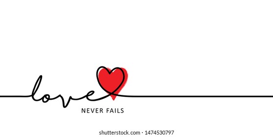 Slogan love never fails. Love heart month or happy singles day. 14 february, valentine, valentines day or for romantic, wedding banner. Fun vector icon sign