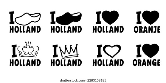 Slogan i love orange or oranje. Queen or king crowns icon. Traditional festival on party. Holland, King's Day or Queen's Day. walk clogs, farms clogs sign. The Netherlands shoe. Cap logo.