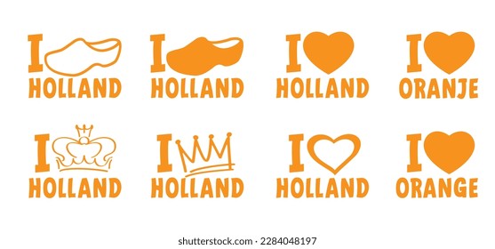 Slogan i love orange or oranje. Queen or king crowns icon. Traditional festival on party. Holland, King's Day or Queen's Day. walk clogs, farms clogs sign. The Netherlands shoe