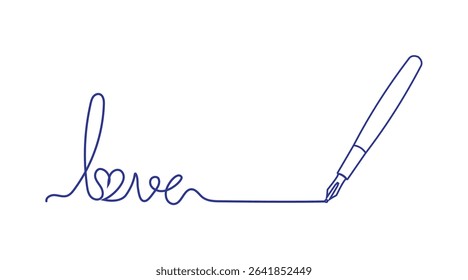The slogan Love overcomes all is written in fountain pen editable stroke. Inspirational and motivational quotes. Flat vector sign. Happy Valentine's Day on February 14. Vector illustration.