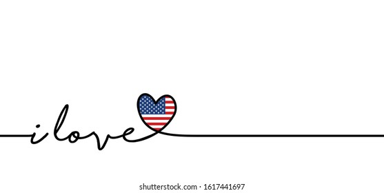 Slogan i love you America with USA flag. Love heart month or happy singles day in United States. Travel hollyday or for romantic, wedding vacantion banner. Fun vector icon sign