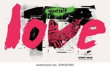 Slogan of love yourself, graffiti slogan print with neon spray, t shirt graphics print vector illustration design, Urban typography hipster street art for graphic t- shirt.eps8