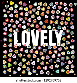 Slogan LOVELY with hearts for t-shirt design. Simple vector print with text for tee shirt stamps