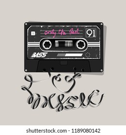 Slogan with a music cassette. Slogan-I love music. Image for printing on t-shirt, clothes, postcard, background, banner and other...