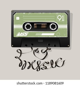 Slogan with a music cassette. Slogan-I love music. Image for printing on t-shirt, clothes, postcard, background, banner and other...