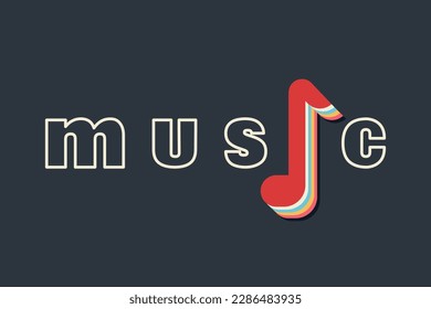 Slogan Music handwritten by creative minimalist font with color note. Phrase of Music with linear letters. Modern trendy lettering. Vector illustration for print, textile, sweatshirt, t-shirt, bags