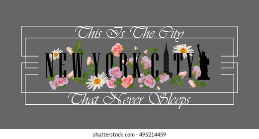 slogan new york city with flowers and frames