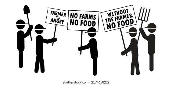 Slogan No farms, no food, protect. Cartoon farmers, the angry farmers protestation, protest, manifestation, protesting, demonstration or activists. Holland or Dutch.