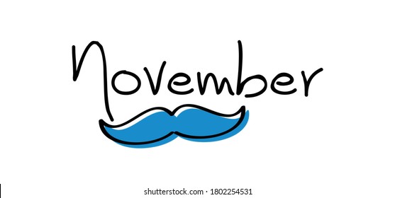 Slogan November, No shave or shaving moustache, mustache or beard men face. Men's Day. Awareness blue ribbon, medical symbol for psa prostate cancer month in november. Vector best quote signs