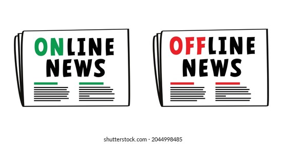 Slogan Online Of Offline, Region, Local, Breaking News, World Greet News, Good Or Bad News. Fact Or Fake Newspaper Sign. Update News Concept. Headline Title.