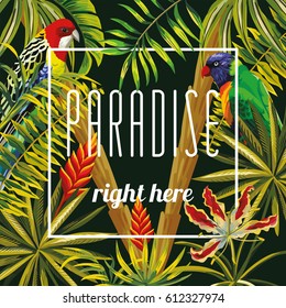Slogan paradise right here on a background of tropical parrot, flowers, banana palms and leaves. Warm summer night vector wallpaper pattern