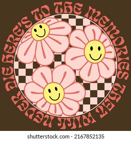 Slogan Print with groovy flowers, 70's Groovy Themed Hand Drawn Abstract Graphic Tee Vector Sticker