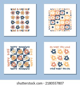 Slogan prints collection with daisy flowers in 1970s style. Hippie aesthetic floral stickers for T-shirt, textile and fabric. Hand drawn vector illustration for decor and design.
