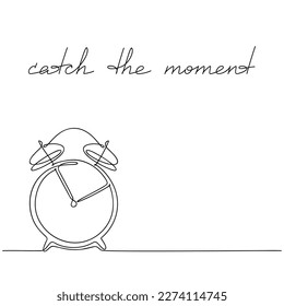 Slogan quote phrase Catch The Moment. Vector handwritten lettering. One line continuous retro style alarm clock icon drawing. Modern calligraphy, text design for print, banner, poster, card, logo.