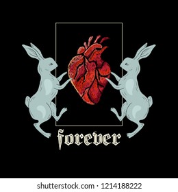 Slogan with rabbits and heart. Vector typography for t shirt, embroidery and printed tee design.
