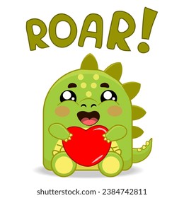 Slogan Roar. Cute dragon with heart isolate on a white background. Vector objekt in cartoon sketch style. Sutable for printing on t-shirts, postcards, book illustration, greeting card.