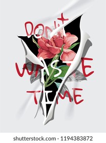 slogan with rose paper ripped illustration