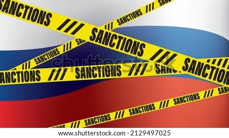 Slogan sanctions on yellow tapes and Russian flag background. Vector illustration.