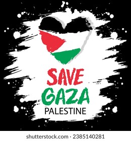Slogan Save Palestine. Save Gaza. Vector illustration of a grunge background with a heart and the flag of Palestine
