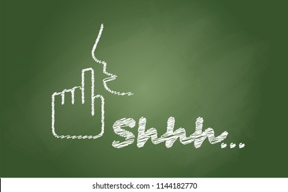 slogan shhh on chalk, shool blackboard for mute, please be quiet, silent or silence sign. Finger over lips. No sound or social media. Flat vector sign.