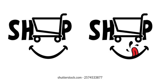 Slogan shop with purchase. Supermarket basket or cart. Shopping basket or containing bag icon. Empty supermarket pushcart. Shopping cart or trolley logo. Supermarket, self service.
