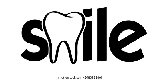 Slogan smile with te letter m as tooth. Teeth icon or pictogram. Vector dentist symbol. Cartoon dent logo. healthy or human quote. teeth dental care. Cartoon healthy, tooth with gums. Molar pattern. 