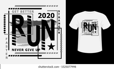 Slogan Sport run lettering monochrome print t-shirt graphics. Vector illustration
