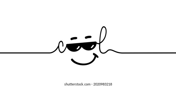 Slogan stay or be cool with happy face and sunglasses. Cartoon vector success quotes for banner or card. Relaxing and chill, motivation and inspiration message. Comic sun glasses quote.