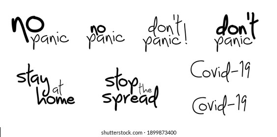Slogan Stay at home, save lives. No panic, Don’t panic and stop the spread concept. Stop Novel coronavirus (COVID-19 2019-nCoV ) epidemic from spreading. Coronavirus Lockdown quote. Social distancing.