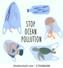 Slogan "Stop Ocean Polution".Whale, jellyfish, turtle, fish started in plastic bags.