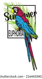 Slogan Summer euphoria with parrot in sunglasses on palm leaf and frame. Vector illustration.